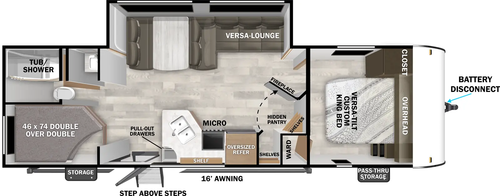 The Cruise Lite 26ICE floorplan has one entry and one slide out. Exterior features include: metal exterior and 16' awning. Interiors features include: bunk beds, u-dinette and front bedroom.